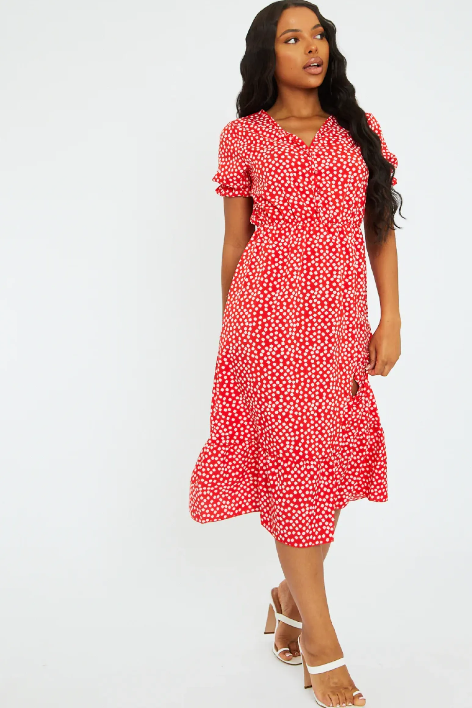 Rebellious Fashion Red Floral Print Front Slit Midi Dress - Avery