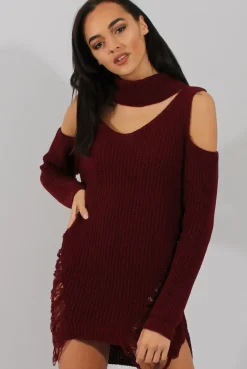 Rebellious Fashion Red Knitted Cut Out Front Cold Shoulder Distressed Jumper Dress - Jamie