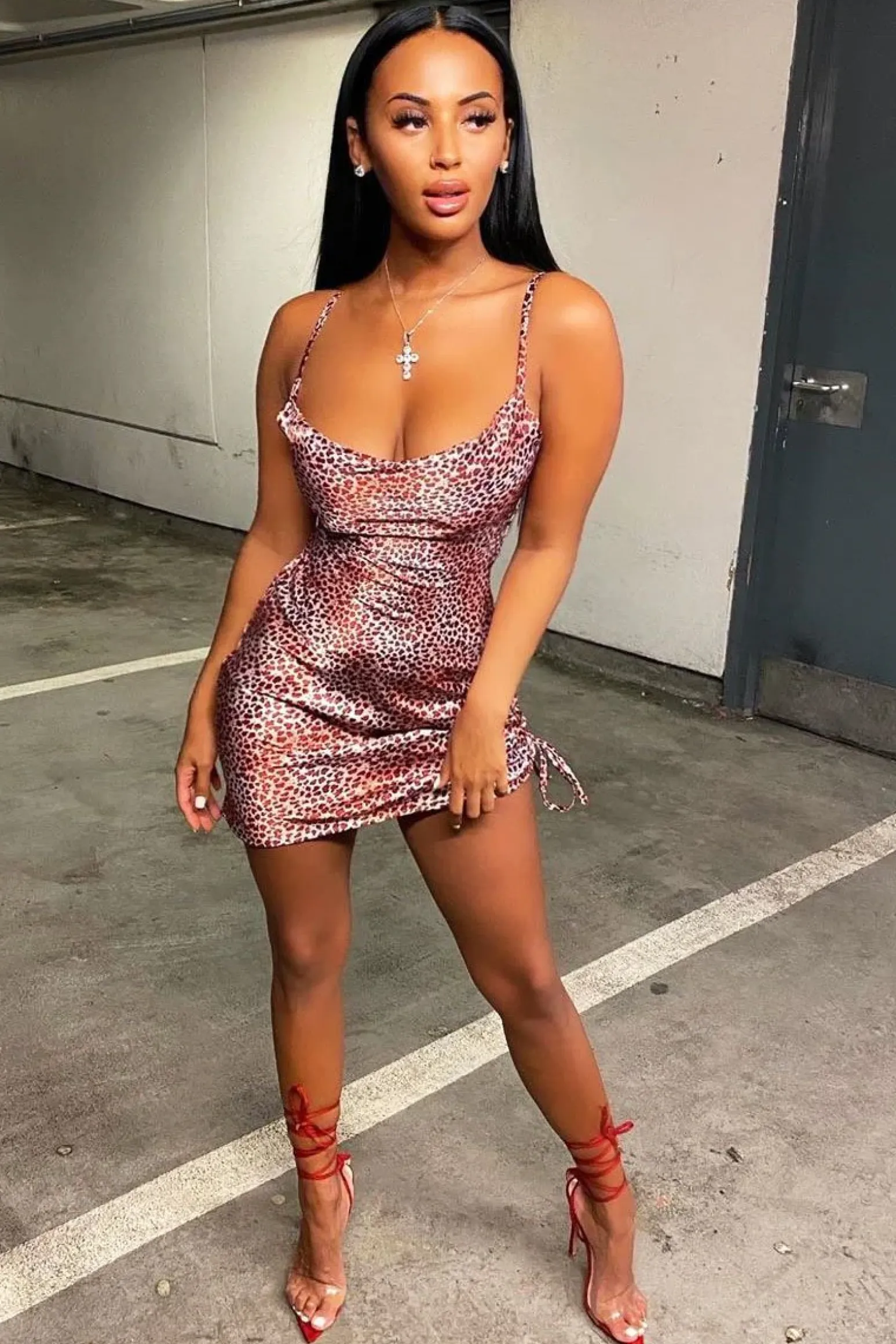 Rebellious Fashion Red Leopard Satin Ruched Side Slip Bodycon Dress - Davie