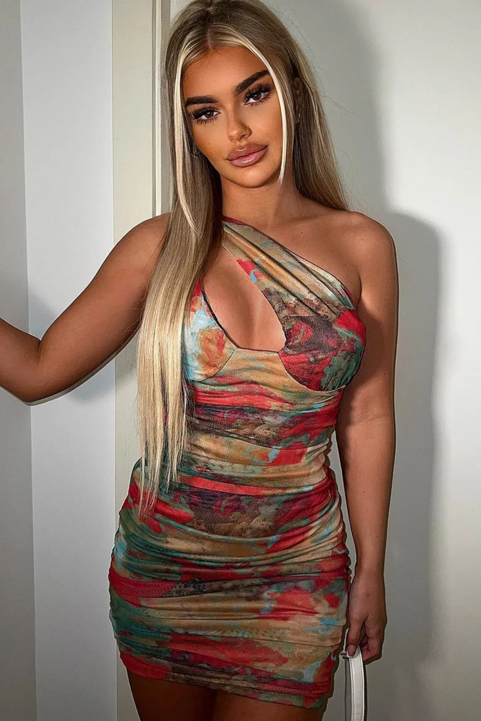 Rebellious Fashion Red Mesh Print Side Strap Ruched Mini Dress - Seden