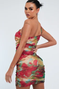 Rebellious Fashion Red Mesh Print Side Strap Ruched Mini Dress - Seden