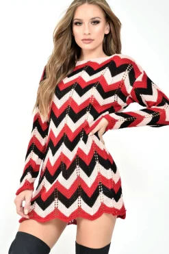 Rebellious Fashion Red Pink Black Chevron Jumper Dress - Kalise