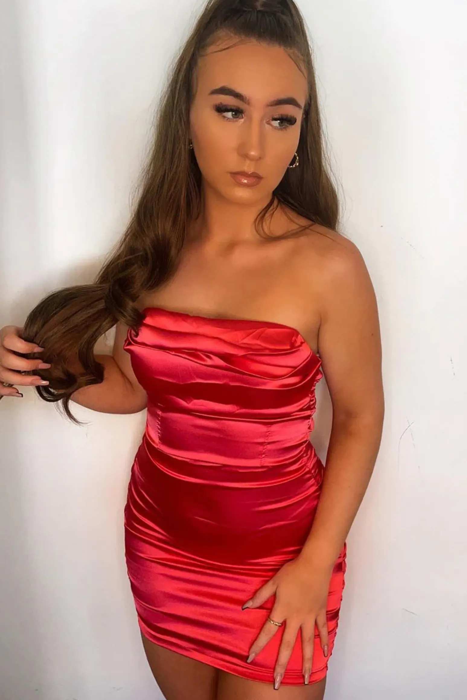 Rebellious Fashion Red Satin Ruched Mini Dress - Thia