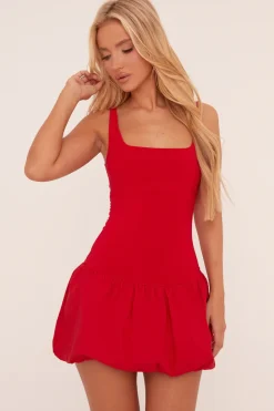 Rebellious Fashion Red Scoop Neck Puffball Mini Dress - Alyssa