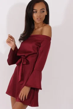 Rebellious Fashion Red Silky Bardot Tie Waist Dress - Esther