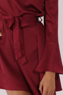 Rebellious Fashion Red Silky Bardot Tie Waist Dress - Esther