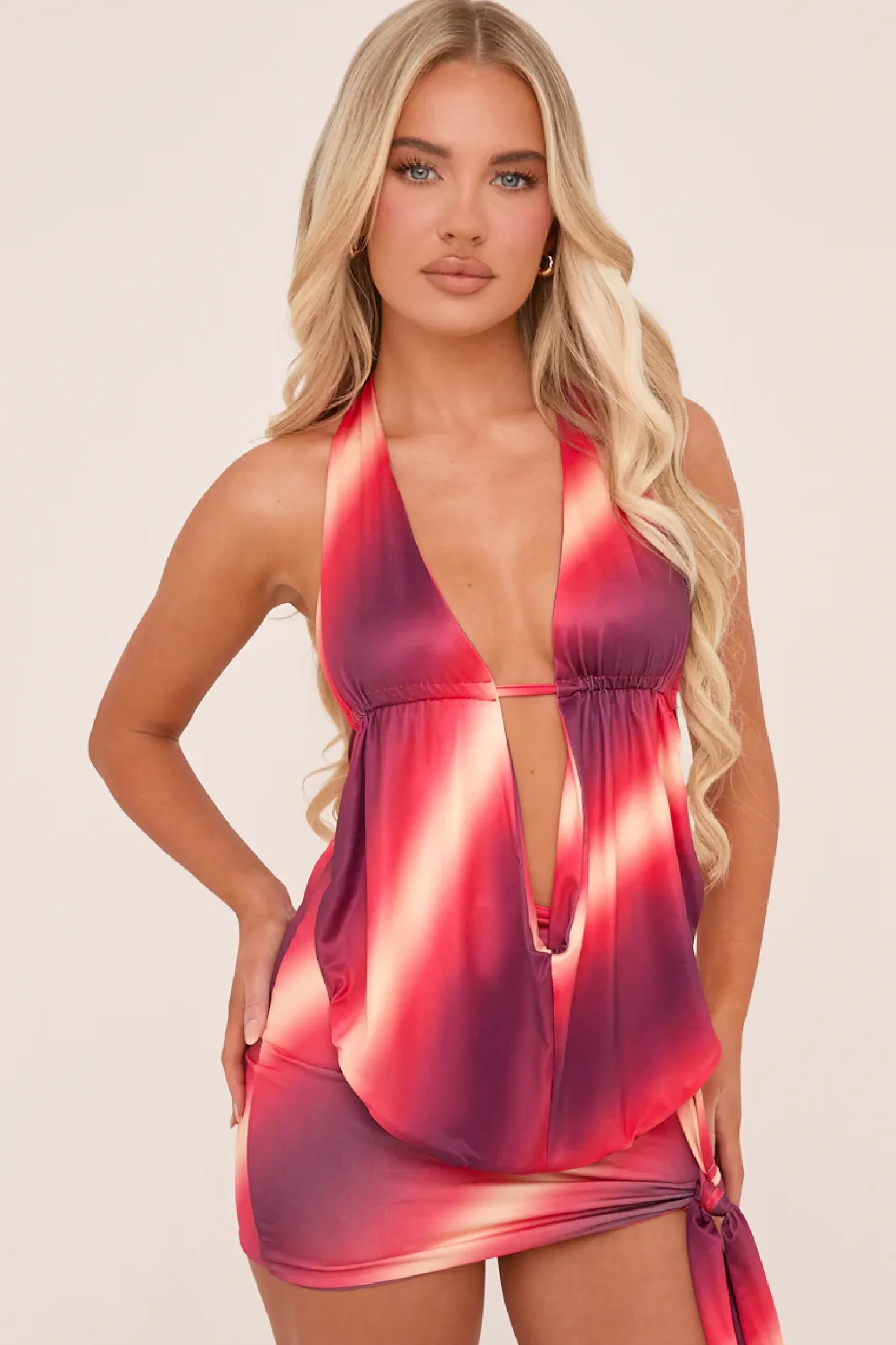 Rebellious Fashion Red Abstract Print Halter Neck Top & Mini Skirt Co-ord Set - Asher