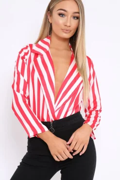 Rebellious Fashion Red & White Striped Open Collar Bodysuit - Torie