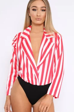 Rebellious Fashion Red & White Striped Open Collar Bodysuit - Torie