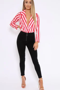 Rebellious Fashion Red & White Striped Open Collar Bodysuit - Torie