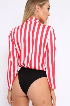Rebellious Fashion Red & White Striped Open Collar Bodysuit - Torie