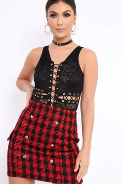 Rebellious Fashion Red and Black Check Button Front Skirt - Dalena