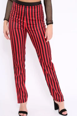 Rebellious Fashion Red And Black Stripe Satin Trousers - Elorah