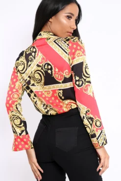 Rebellious Fashion Red and Gold Scarf Print Satin Plunge Bodysuit - Moniqua