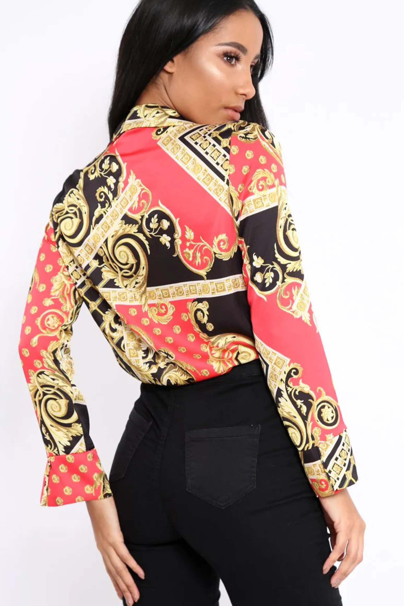 Rebellious Fashion Red and Gold Scarf Print Satin Plunge Bodysuit - Moniqua