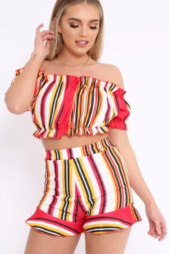 Rebellious Fashion Red And Mustard Stripe Ruffle Bardot Bralet And Shorts Co-ord - Zia