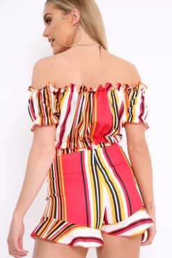 Rebellious Fashion Red And Mustard Stripe Ruffle Bardot Bralet And Shorts Co-ord - Zia