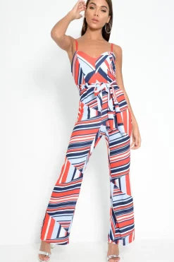 Rebellious Fashion Red And Navy Blue Aztec Print Wide Leg Jumpsuit - Catelynn