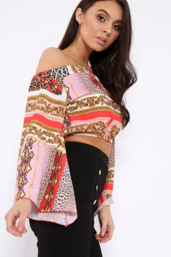 Rebellious Fashion Red and Pink Scarf Print Bardot Top with Flare Sleeves - Skyla