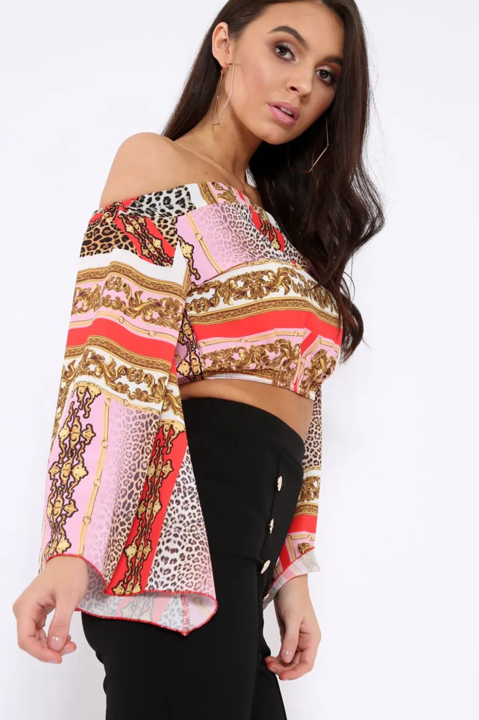 Rebellious Fashion Red and Pink Scarf Print Bardot Top with Flare Sleeves - Skyla