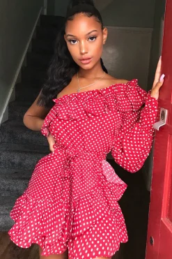 Rebellious Fashion Red and white Polka Dot One Shoulder Frill Dress - Zyann