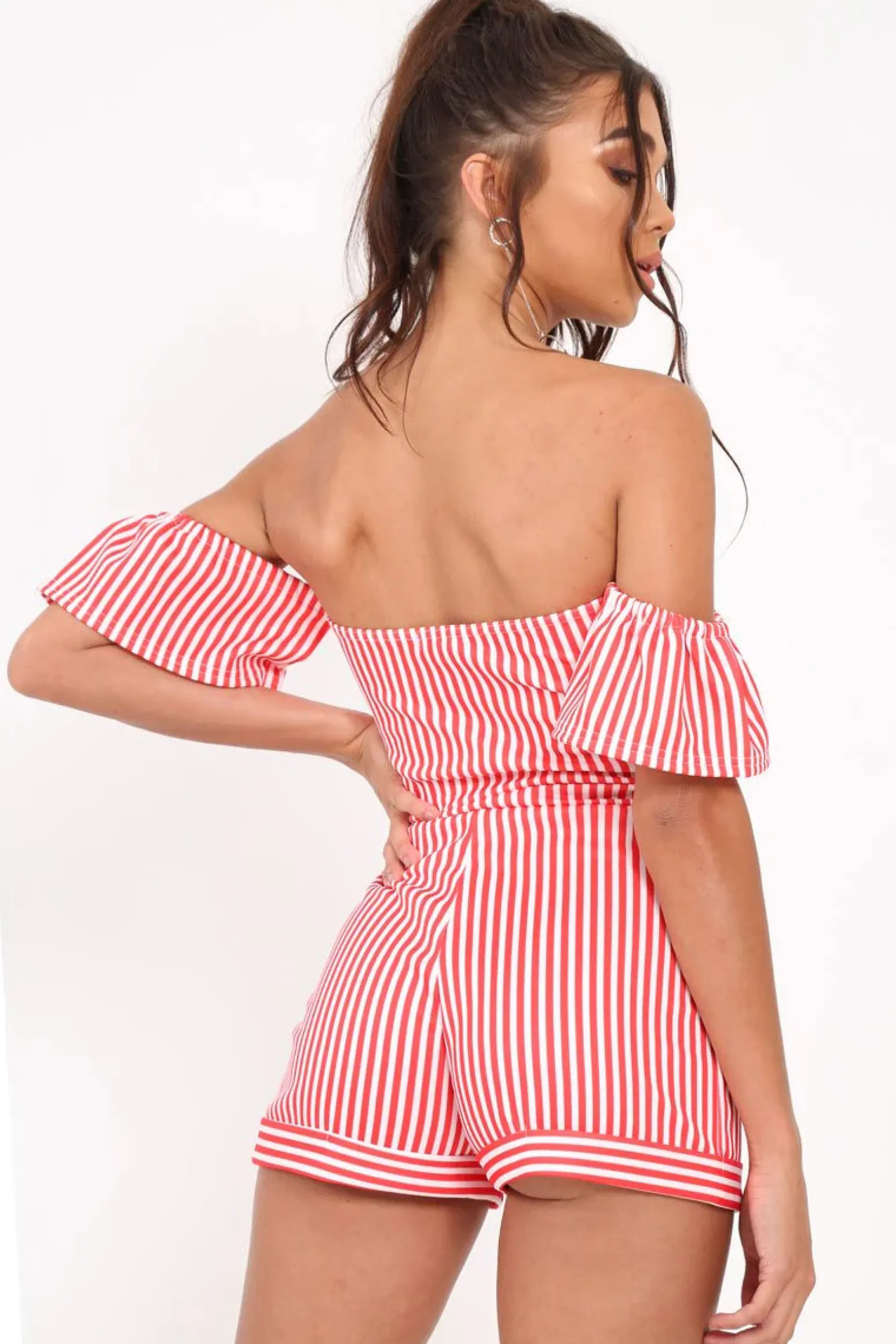 Rebellious Fashion Red and White Striped Bardot Playsuit - Suzey