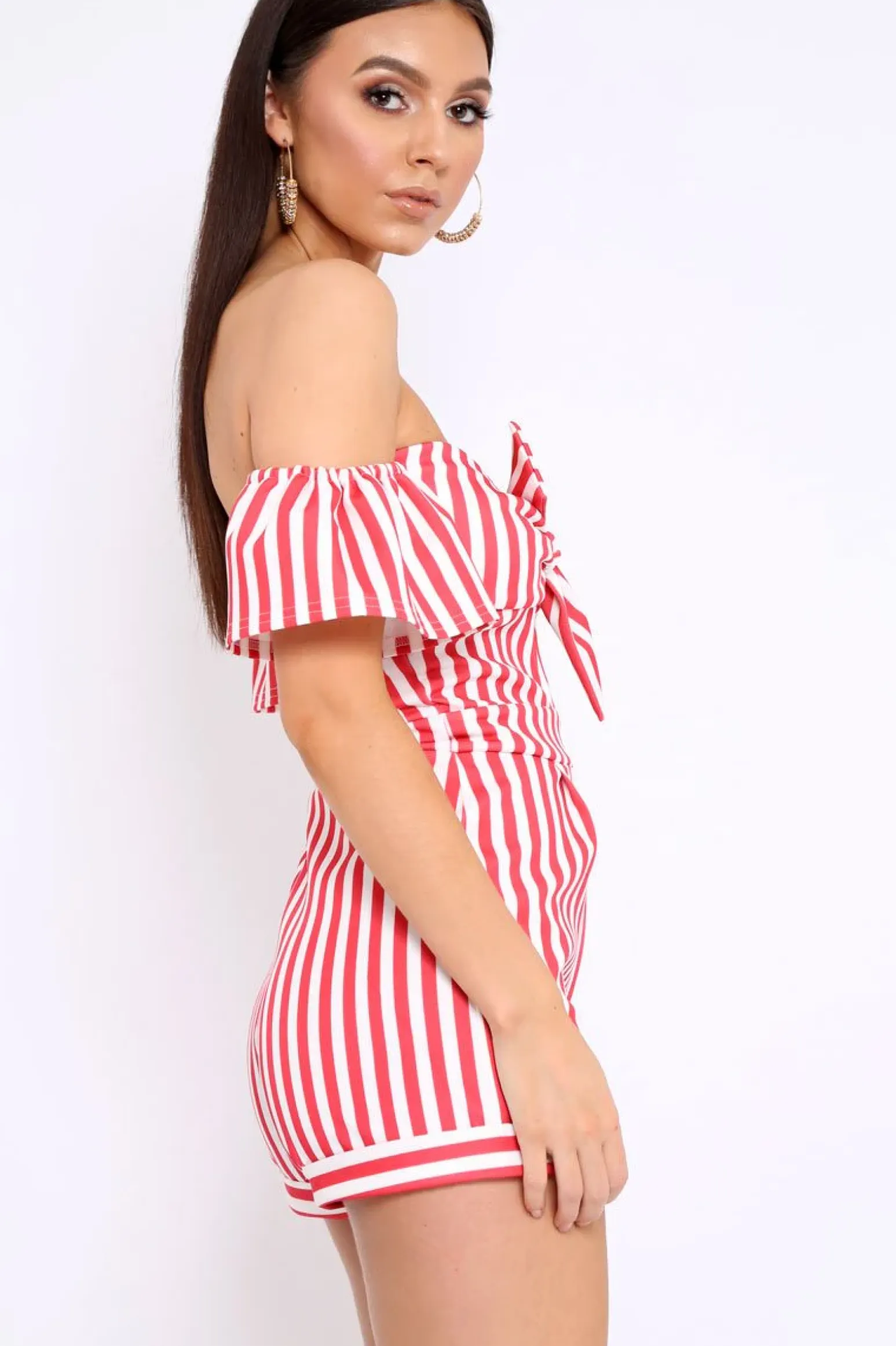 Rebellious Fashion Red and White Striped Bardot Playsuit - Gracy
