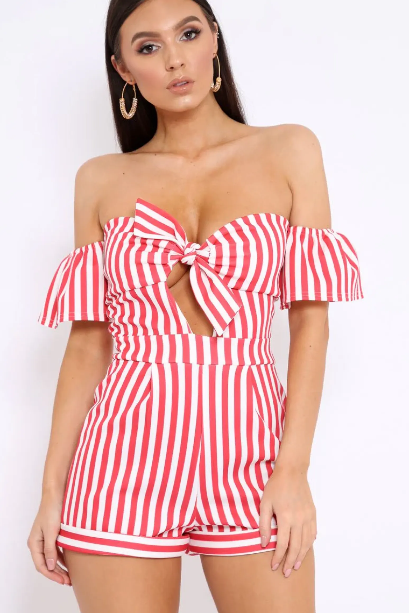 Rebellious Fashion Red and White Striped Bardot Playsuit - Gracy