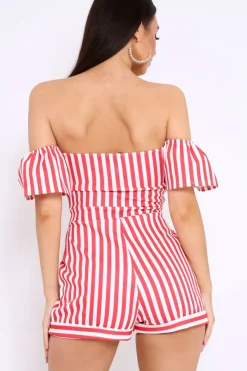 Rebellious Fashion Red and White Striped Bardot Playsuit - Gracy
