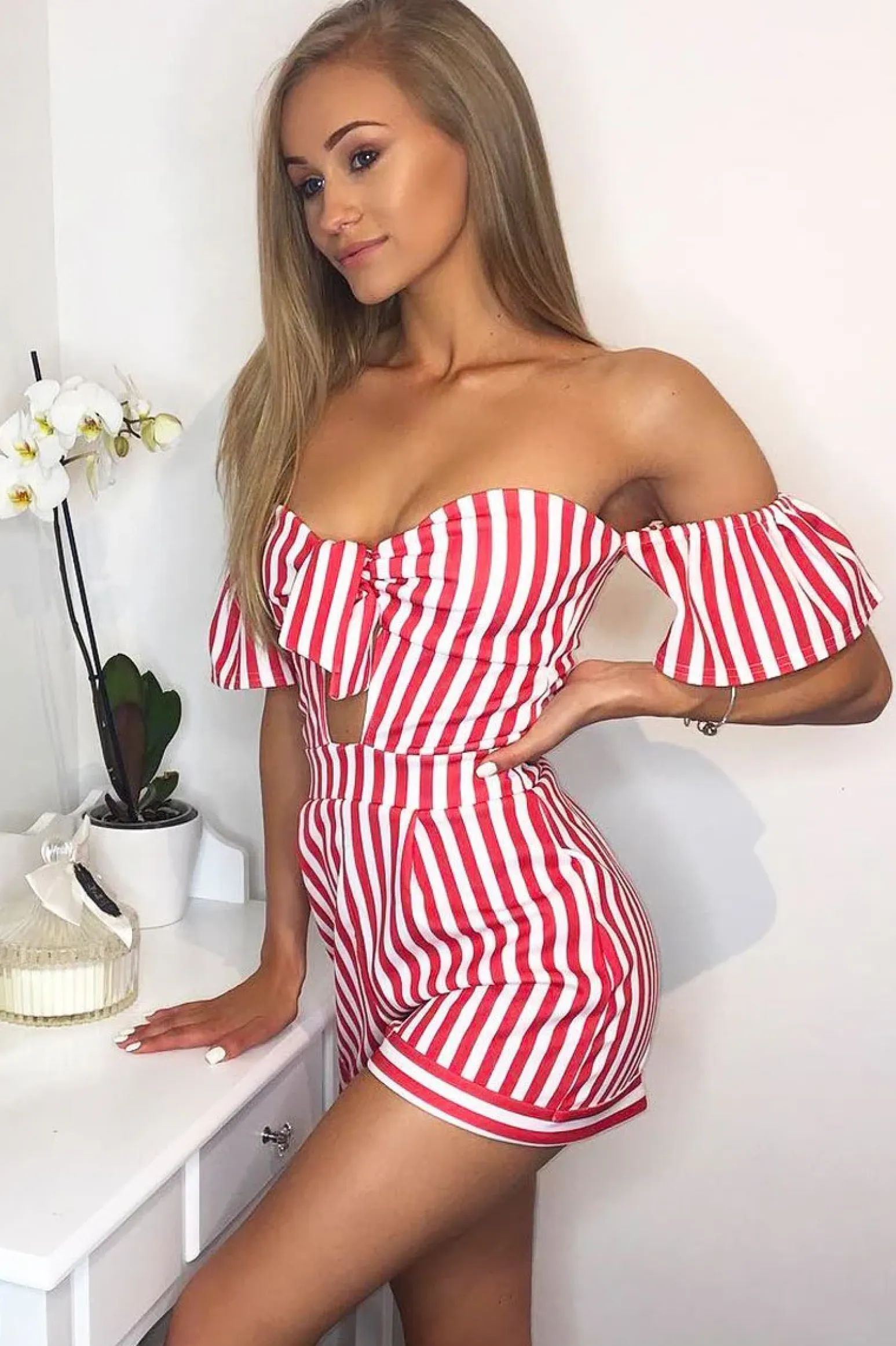 Rebellious Fashion Red and White Striped Bardot Playsuit - Gracy