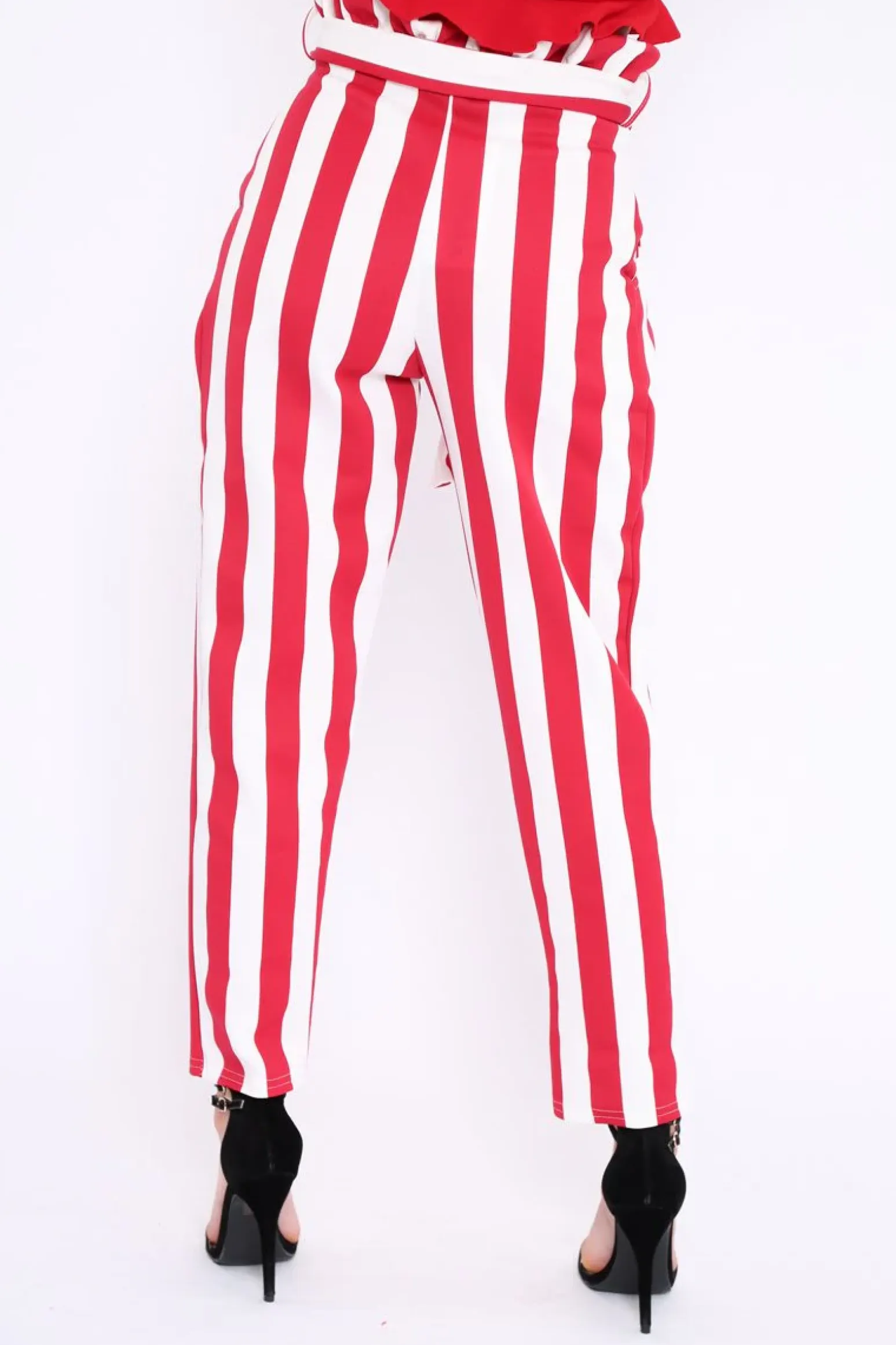 Rebellious Fashion Red and White Striped Tie Waist Tapered Trousers - Dura