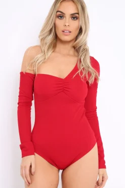 Rebellious Fashion Red Asymmetric Bodysuit - Carlina