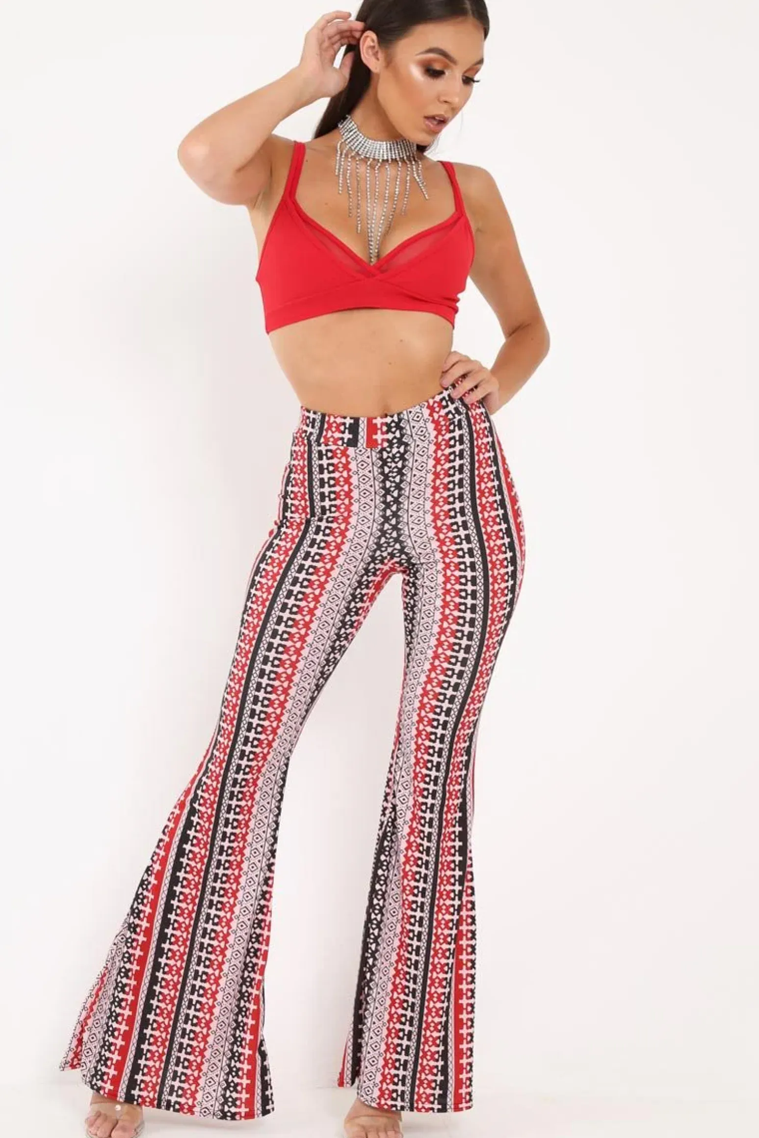 Rebellious Fashion Red Aztec Print Flare Trousers - Brena