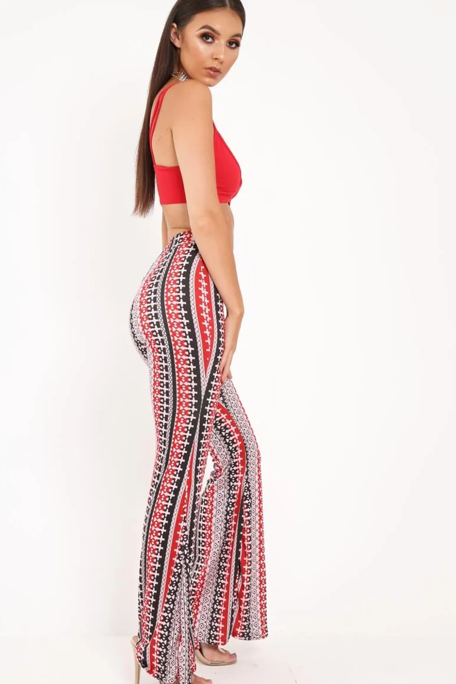 Rebellious Fashion Red Aztec Print Flare Trousers - Brena