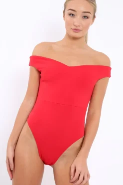 Rebellious Fashion Red Bardot Bodysuit with V dip front - Hettie