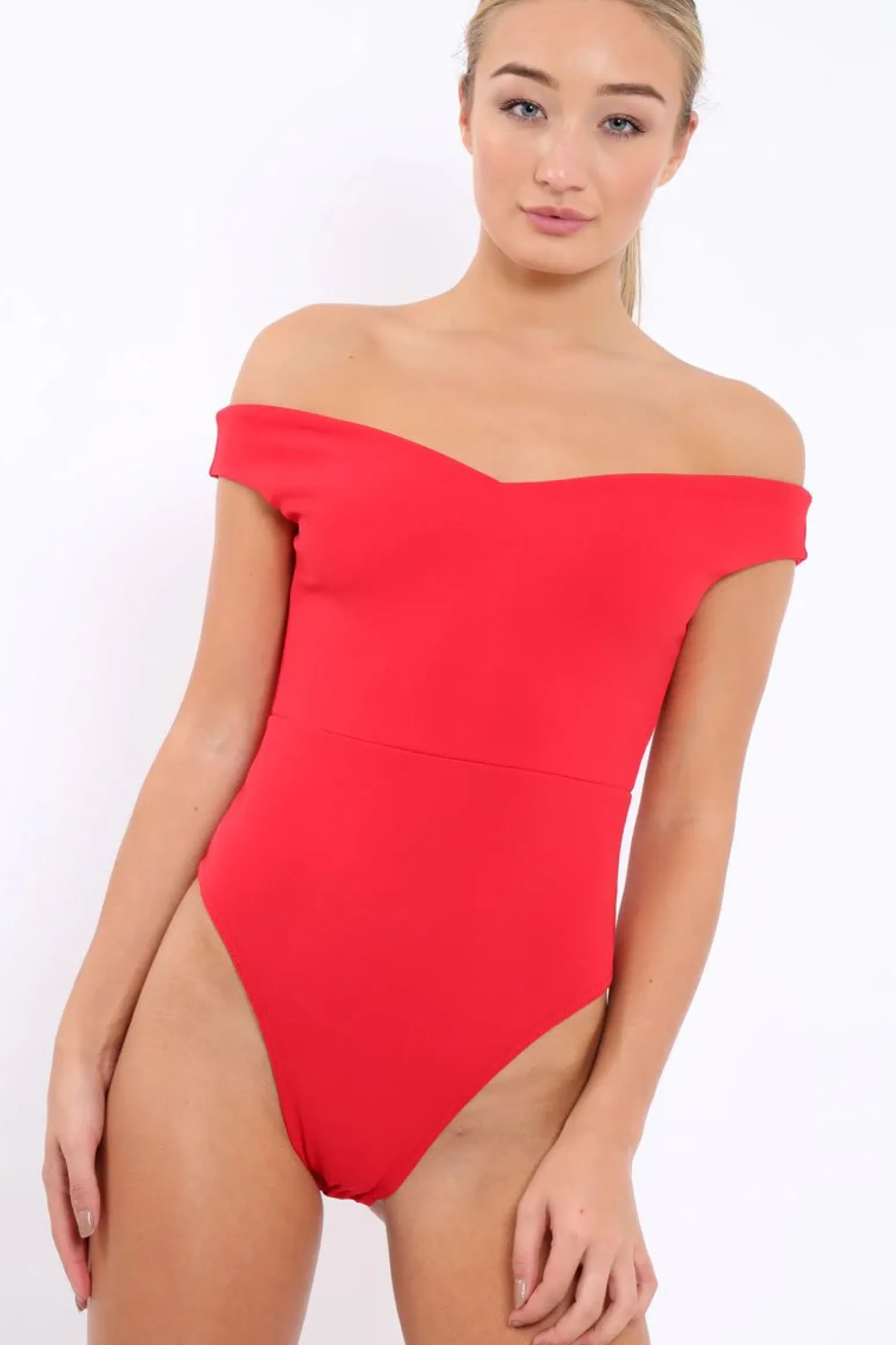 Rebellious Fashion Red Bardot Bodysuit with V dip front - Hettie