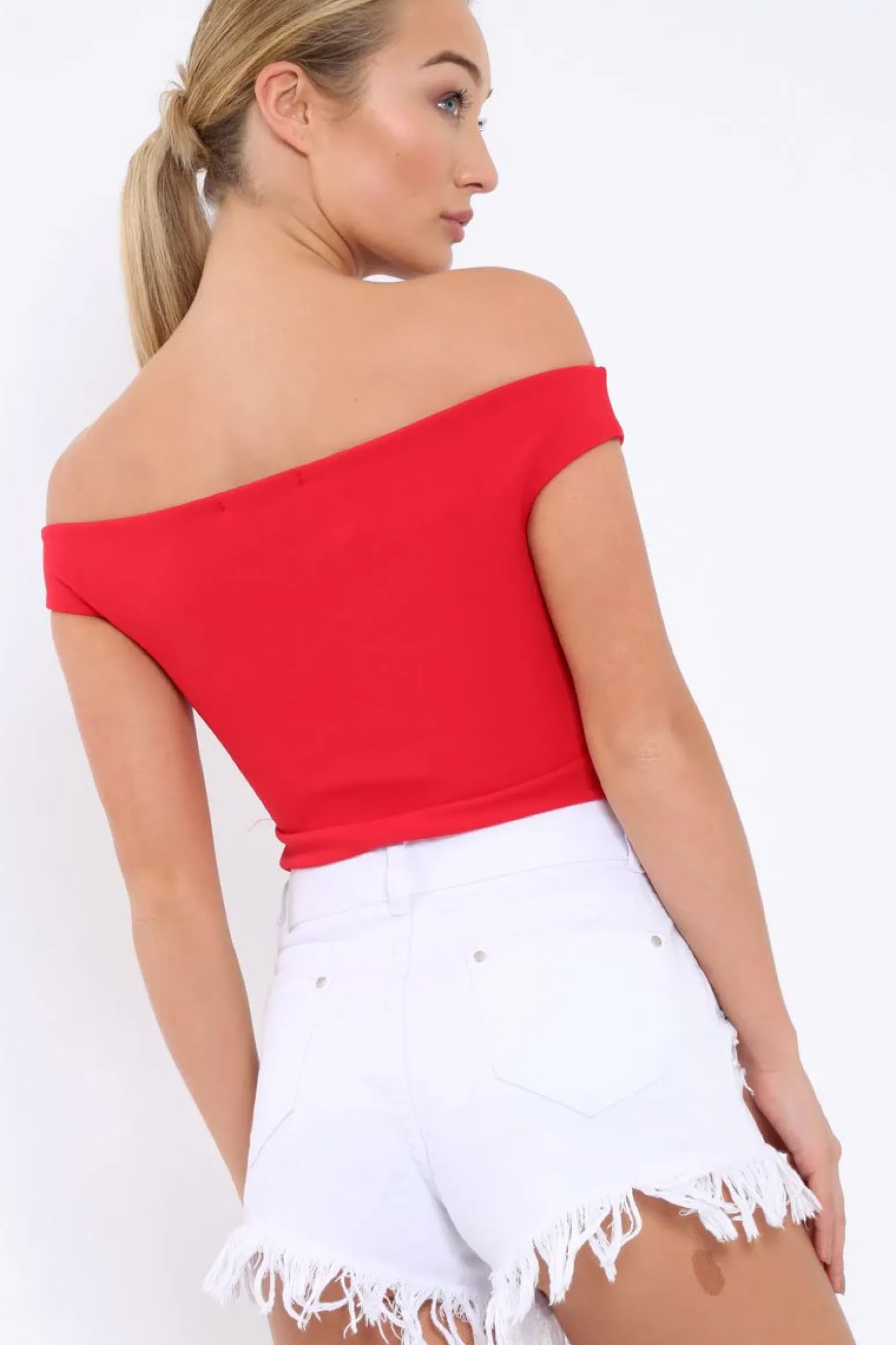 Rebellious Fashion Red Bardot Bodysuit with V dip front - Hettie