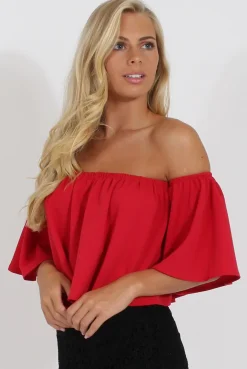 Rebellious Fashion Red Bardot Crop Top - Bryony