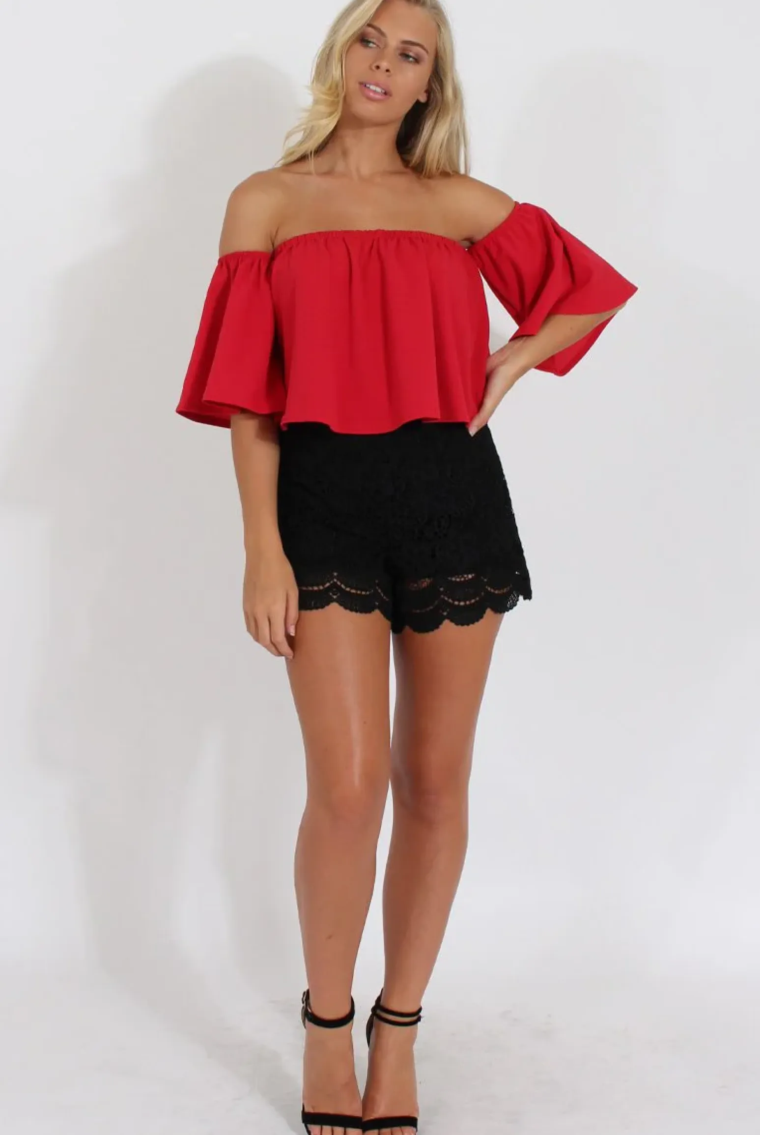 Rebellious Fashion Red Bardot Crop Top - Bryony