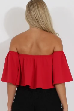 Rebellious Fashion Red Bardot Crop Top - Bryony