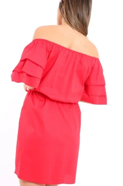 Rebellious Fashion Red Bardot Dress with Ruffled Sleeves - Breena