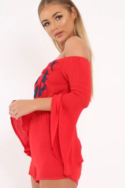 Rebellious Fashion Red Bardot Embroidered Playsuit - Siena