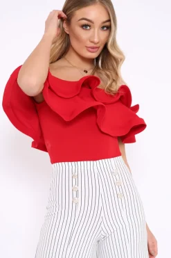 Rebellious Fashion Red Bardot Extreme Frill Bodysuit - Diandra