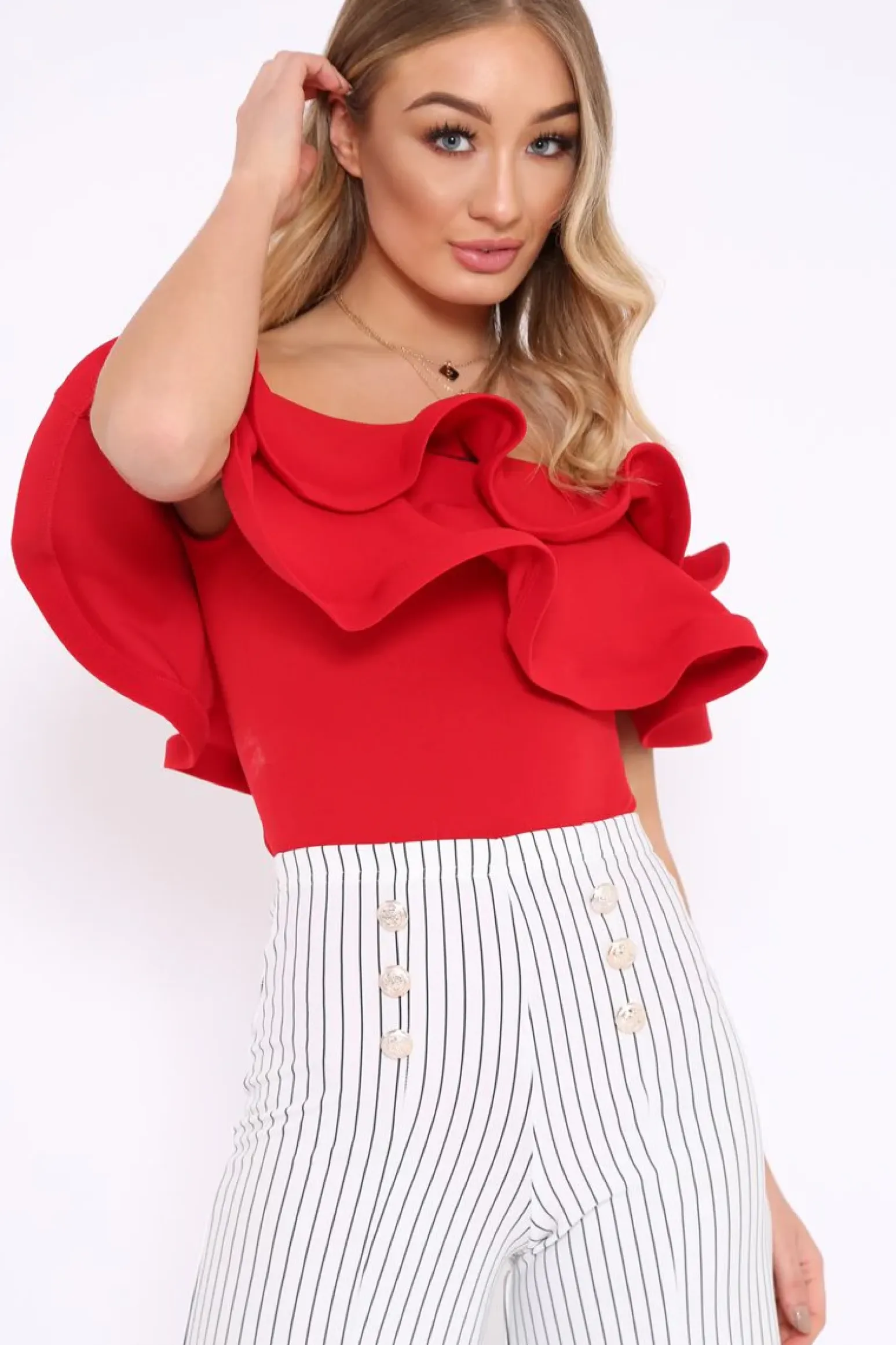 Rebellious Fashion Red Bardot Extreme Frill Bodysuit - Diandra