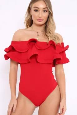 Rebellious Fashion Red Bardot Extreme Frill Bodysuit - Diandra