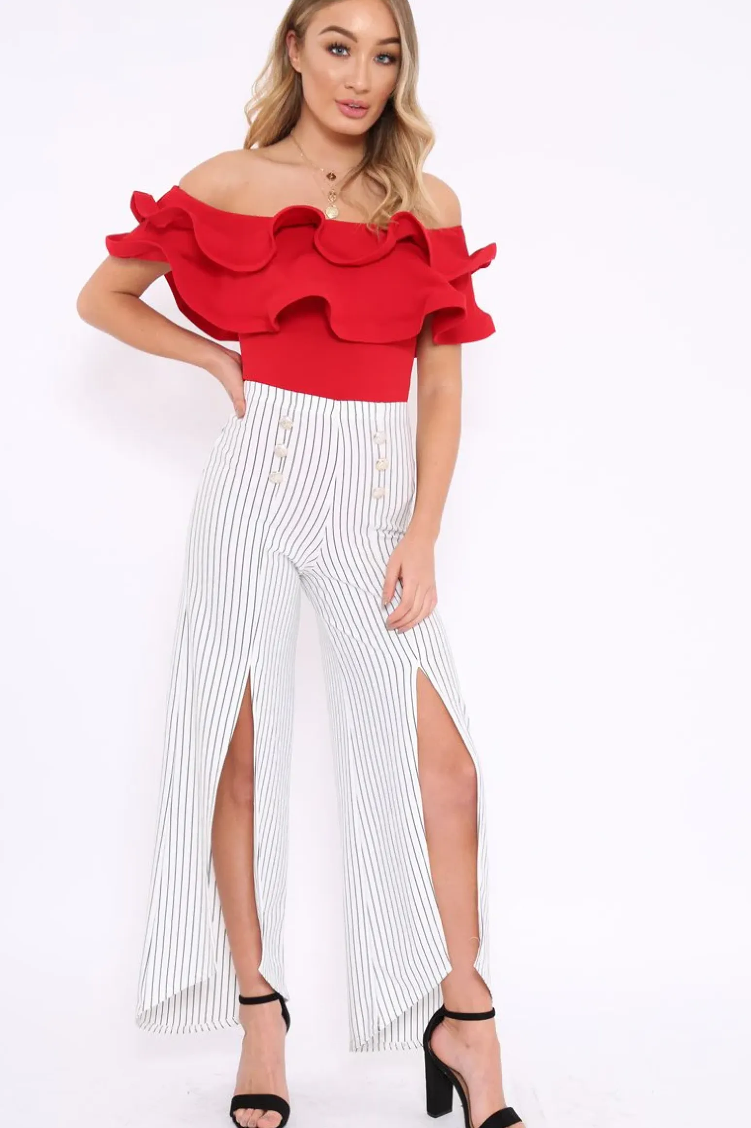 Rebellious Fashion Red Bardot Extreme Frill Bodysuit - Diandra