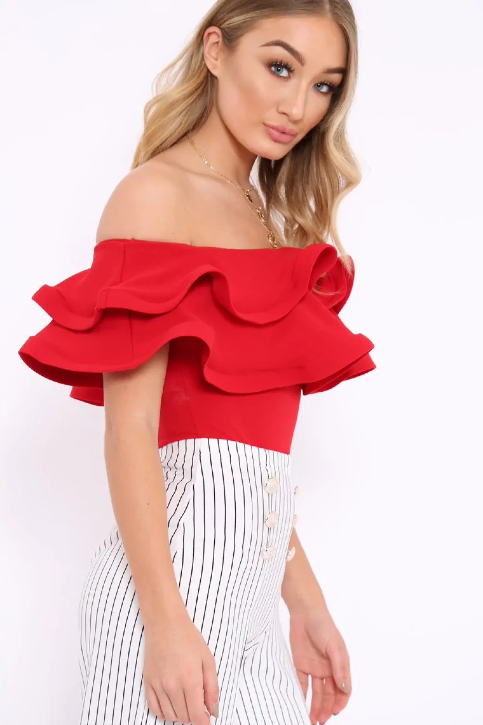 Rebellious Fashion Red Bardot Extreme Frill Bodysuit - Diandra