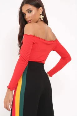 Rebellious Fashion Red bardot frill bodysuit - Kari