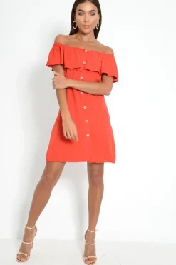 Rebellious Fashion Red Bardot Frill Button Front Dress - Julissa