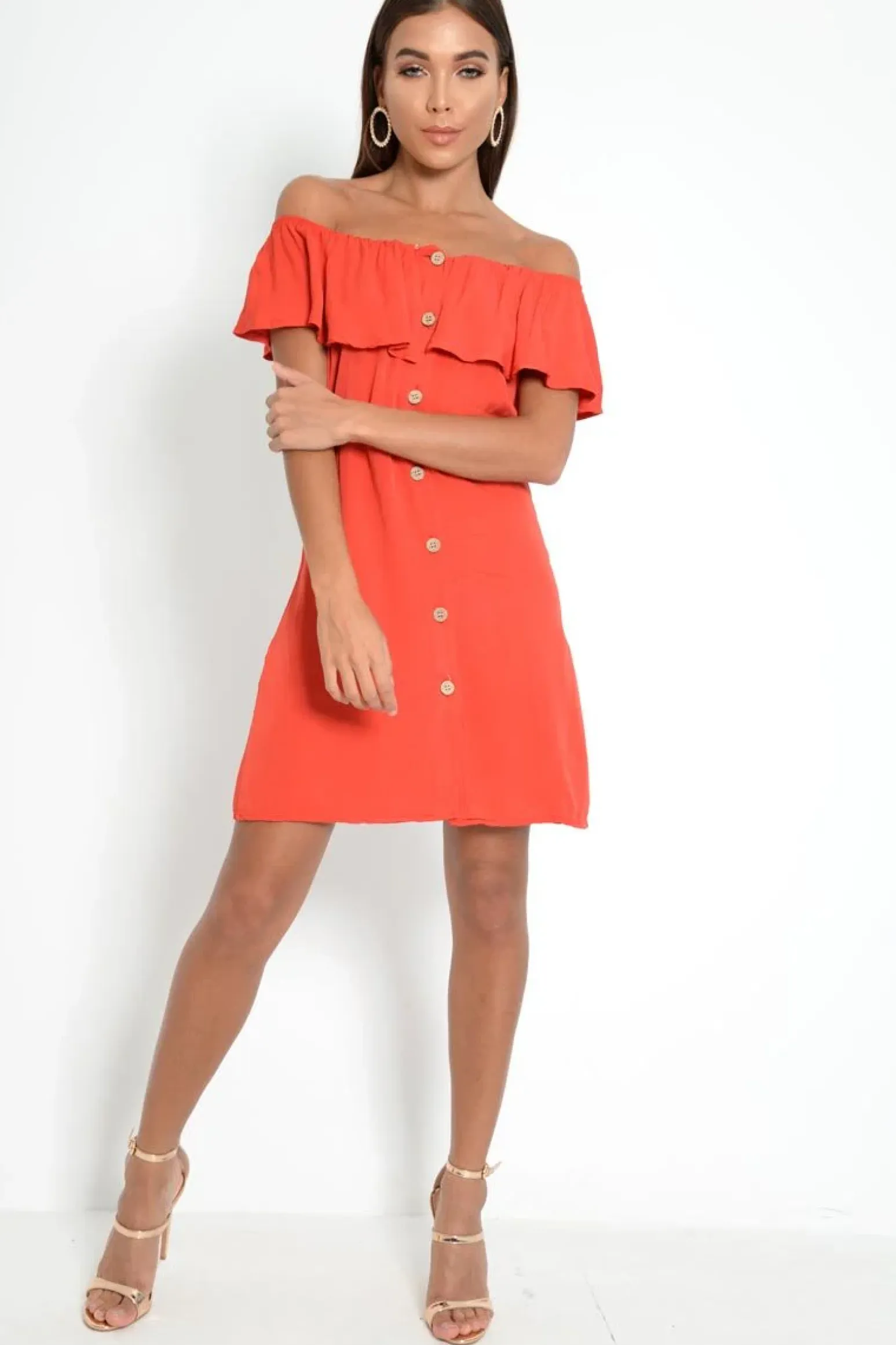 Rebellious Fashion Red Bardot Frill Button Front Dress - Julissa